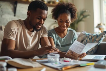Excited Couple Using Home DNA Testing Kit for Ancestry Exploration in Cozy Living Room Setting