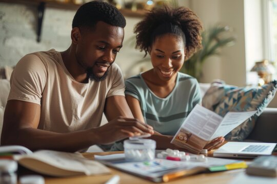 Excited Couple Using Home DNA Testing Kit for Ancestry Exploration in Cozy Living Room Setting