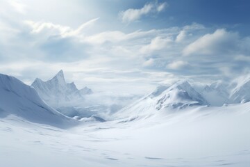 Tranquil and serene snow-capped mountains with a pristine landscape and a vast. Untouched natural beauty under a clear blue sky with wispy clouds