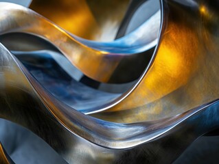 AI generated illustration of a metallic sculpture with flowing curves and warm lighting