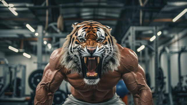 Fierce muscular man with a tiger head roaring in a gym background, showcasing strength and primal power. Fitness inspiration, bodybuilding, motivation, gym workout, wild animal hybrid.