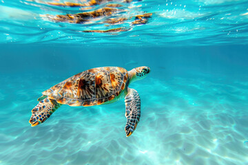 Obraz premium Sea turtle swimming gracefully in clear blue waters