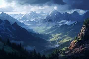 Obraz premium Digital art illustration of a serene and picturesque mountain valley landscape with towering mountains. Lush forests. Morning mist. And tranquil wilderness