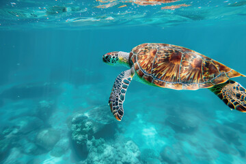 Obraz premium Sea turtle swimming gracefully in clear blue waters