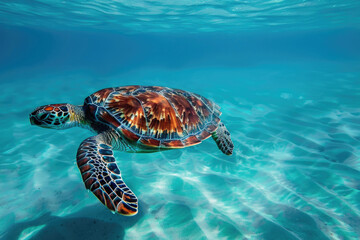 Obraz premium Sea turtle swimming gracefully in clear blue waters
