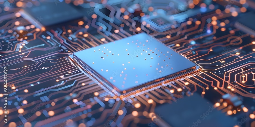 Poster close-up image of electronic circuit board with blue computer chip for advanced technology. concept 