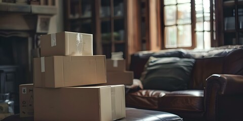 Pile of cardboard boxes in oldstyle living room preparing for relocation. Concept Relocation Prep, Cardboard Boxes, Oldstyle Decor, Living Room Scene, Moving Day