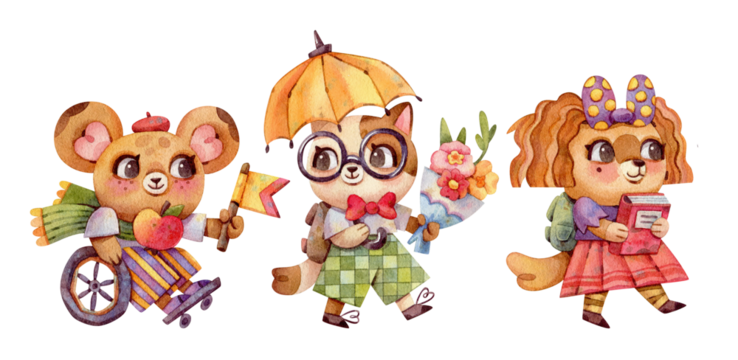 Welcome back to school and Kindergarten. Hand-drawn watercolor illustrations isolated. Set of cute characters: kitty, puppy and mousey. 