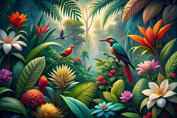 Obraz premium Beautiful illustration of tropical forest plants, flowers, leaves, and a bird. Digital art style illustration of tropical forest flowers, leaves and plants.