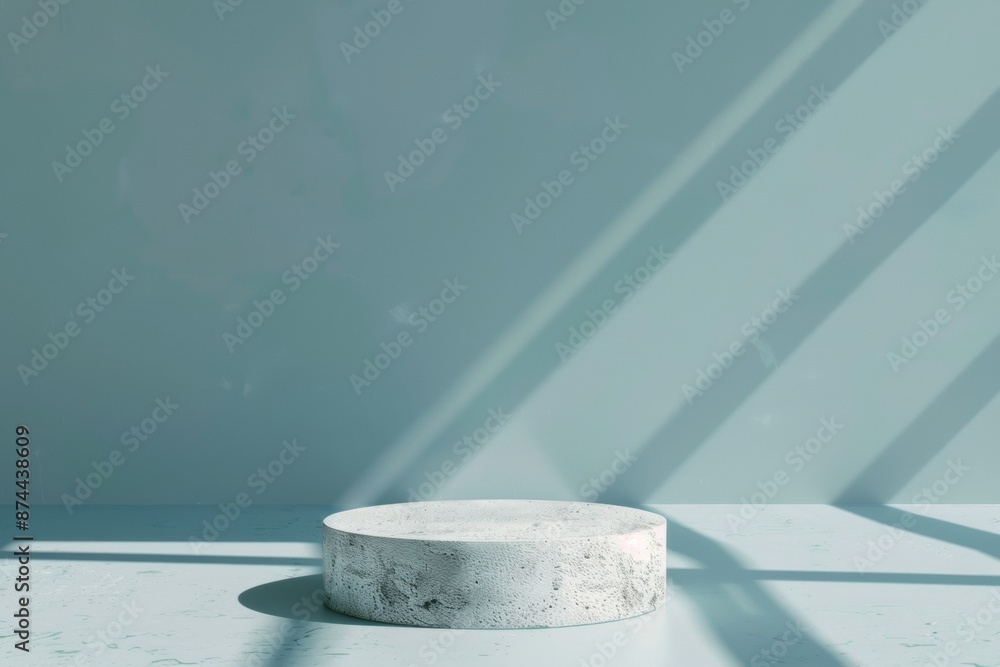 Aufkleber minimalist circular white podium on monochromatic blue background with natural lighting and shadows 