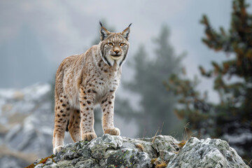 Obraz premium Lynx standing on a rocky outcrop, alert and watchful