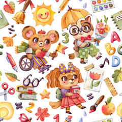 Autumn. Seamless pattern Back to school. Boys and girls. Education. School supplies. Kindergarten and school. Kids are going to have fun and study. Play and grow together with books.