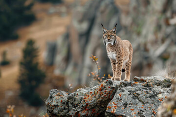 Lynx standing on a rocky outcrop, alert and watchful