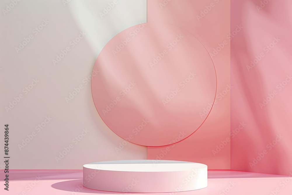 Poster minimalist soft pastel red podium on white background for product display in soft natural light