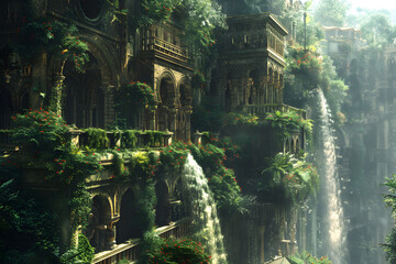 The Hanging Gardens of Babylon, one of the Seven Wonders of the Ancient World, depicted in a majestic and detailed landscape. This historic scene showcases the lush greenery and architectural marvel o