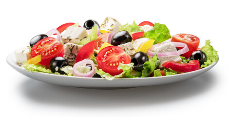 Greek salad on white plate isolated on white background. File contains clipping path.