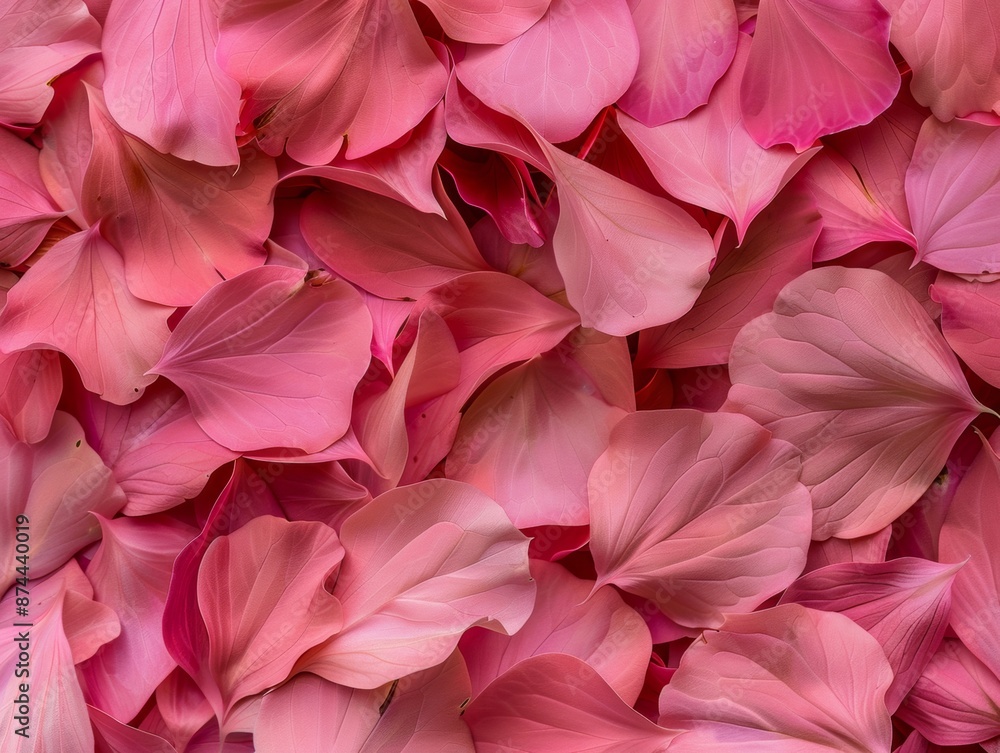 Poster symmetrical pastel red petal pattern in softly lit aerial view, emphasizing geometric floral texture