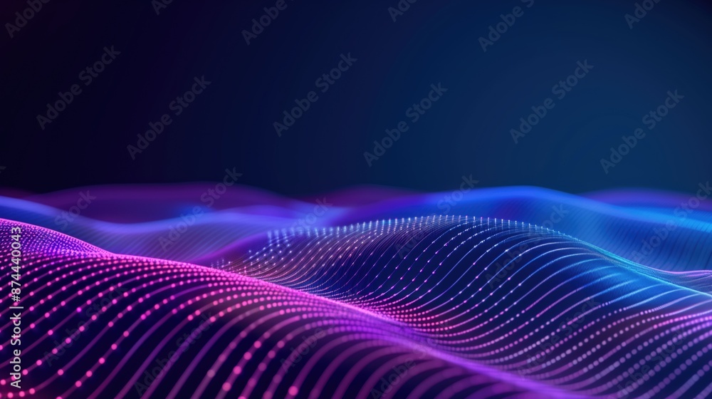 Poster colorful abstract digital wave with flowing lines and glowing dots on a dark gradient background. te
