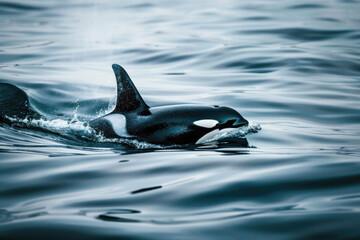 Fototapeta premium Orca swimming gracefully through the ocean, breaking the surface