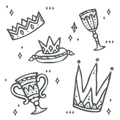 Little king illustration elements in hand drawing black outline ink style for kids baby boys children child