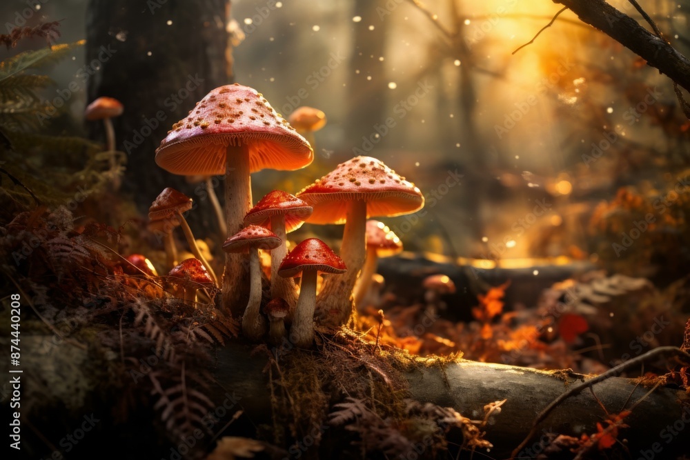 Aufkleber mystical cluster of mushrooms basks in the warm glow of sunset in an enchanted forest setting