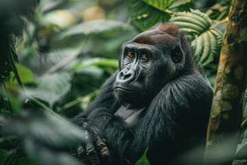 Fototapeta premium Gorilla sitting in the forest, gazing pensively into the distance