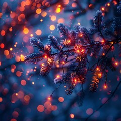  a close up of a tree with lights in the background.