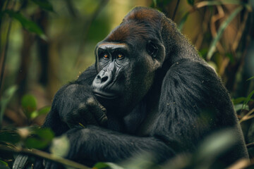 Obraz premium Gorilla sitting in the forest, gazing pensively into the distance