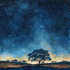 Fototapeta premium A single tree stands tall against a backdrop of a vibrant starry night sky. The Milky Way stretches across the horizon, adding a touch of magic to the scene.