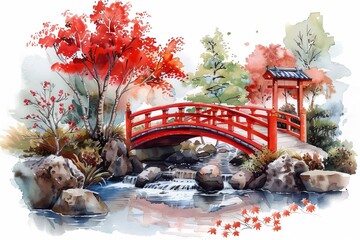 A watercolor painting of a red bridge over a stream in a Japanese garden with autumn foliage.