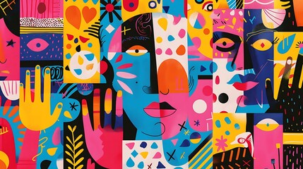  Happy Friendship Day card featuring a vibrant collage of diverse friendship icons and patterns.