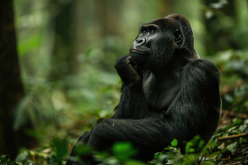 Naklejka premium Gorilla sitting in the forest, gazing pensively into the distance