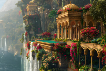 The Hanging Gardens of Babylon, one of the Seven Wonders of the Ancient World, depicted in a majestic and detailed landscape. This historic scene showcases the lush greenery and architectural marvel o