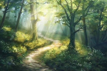 Fototapeta premium A peaceful forest scene with a winding path surrounded by tall trees, sunlight filtering through the leaves. The atmosphere is calm and inviting, perfect for a relaxing stroll.