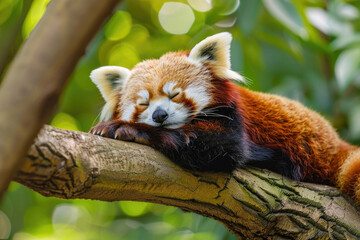 Obraz premium Red panda resting on a tree branch, looking adorably sleepy