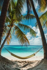 Escape to a serene beach with crystal-clear turquoise water and relax in a hammock surrounded by swaying palm trees. Perfect spot to unwind and soak up the sun.