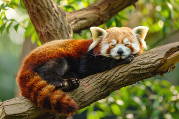 Red panda resting on a tree branch, looking adorably sleepy