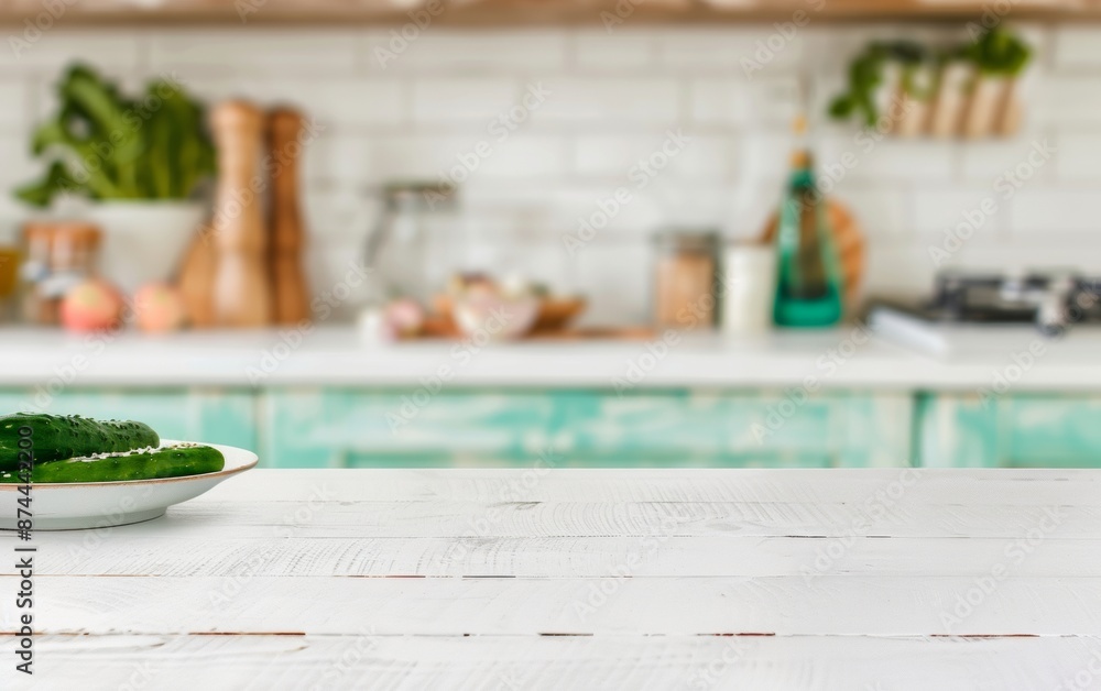 Poster serene kitchen with bright natural light and refreshing cucumber decor on a smooth white table for p