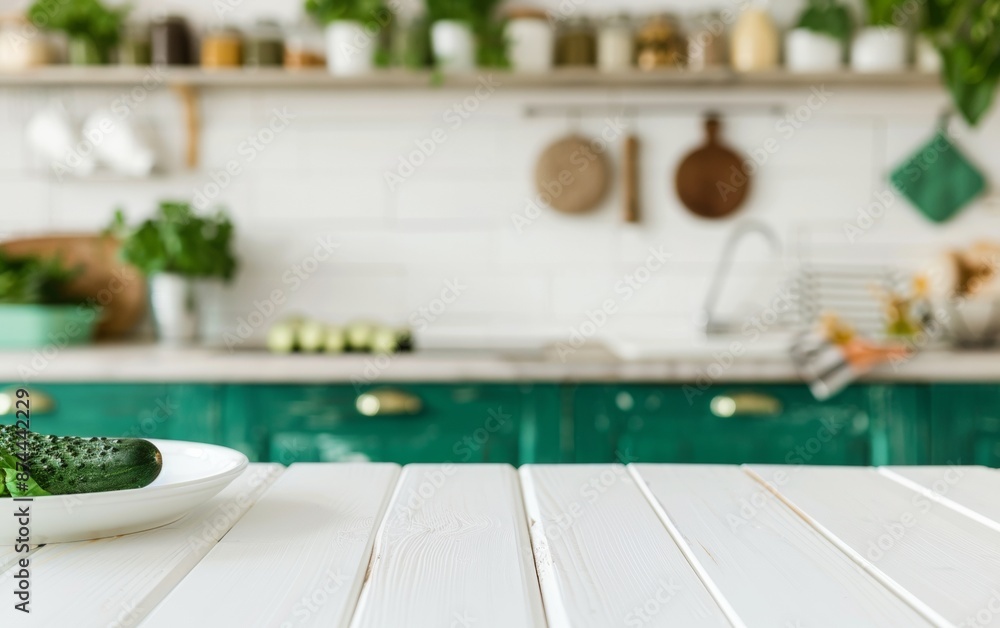 Aufkleber modern kitchen interior with white table for product display, accented with cucumber slices and subt