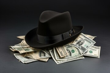 Stylish black fedora rests atop a scatter of american money, implying wealth and mystery