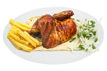 CHICKEN SHAWAYA, Chicken Shawaya with salad and French Fries,