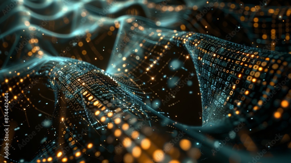 Poster futuristic integration of dna and binary code - conceptual digital artwork in glowing dark tones