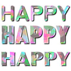 英単語の水彩風イラスト、英単語のコラージュイラスト、立体的なHAPPY言葉のイラスト、カラフルな立体文字のイラスト、英語のイラスト