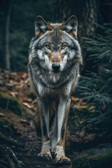 Wolf standing in the forest, its piercing eyes glowing