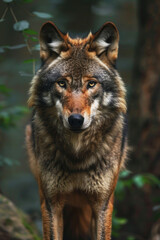 Fototapeta premium Wolf standing in the forest, its piercing eyes glowing