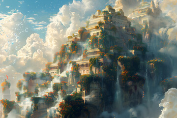 The Hanging Gardens of Babylon, one of the Seven Wonders of the Ancient World, depicted in a majestic and detailed landscape. This historic scene showcases the lush greenery and architectural marvel o