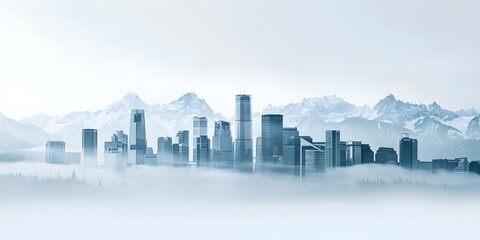 Naklejka premium City skyline and mountain range double exposure creating contrast and intrigue. Concept Double Exposure, City Skyline, Mountain Range, Contrast, Intrigue