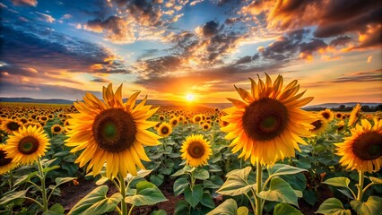 Fototapeta premium Vibrant sunflowers sway in a vast field as warm sunset light casts a serene atmosphere, evoking feelings of freedom, joy, and carefree summer delight.