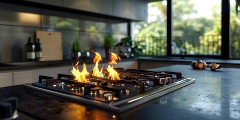 A lit stove with flames in a modern kitchen, ready for cooking, showcasing a sleek and contemporary design.