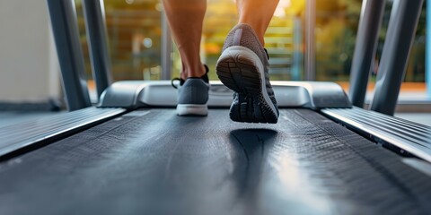 Mans feet running on a treadmill in a gym or at home. Concept Fitness, Exercise, Running, Treadmill, Lifestyle
